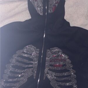 Black Hoodie with Rhinestone Skeleton Design